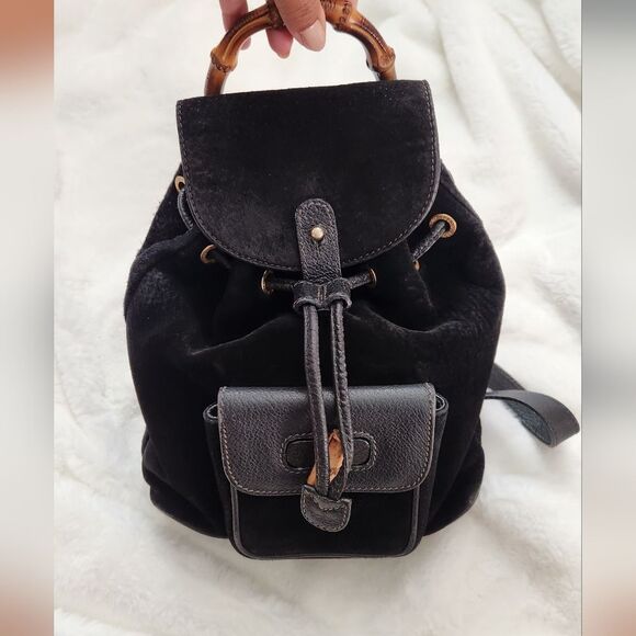 GUCCI  Black Suede Backpack with Bamboo Handle - Picture 1 of 9